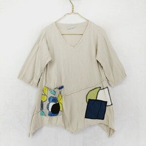 Cotton Ways Cream Cotton V-Neck 3/4 Sleeve Asymmetrical Pocket Patch Top P 6931